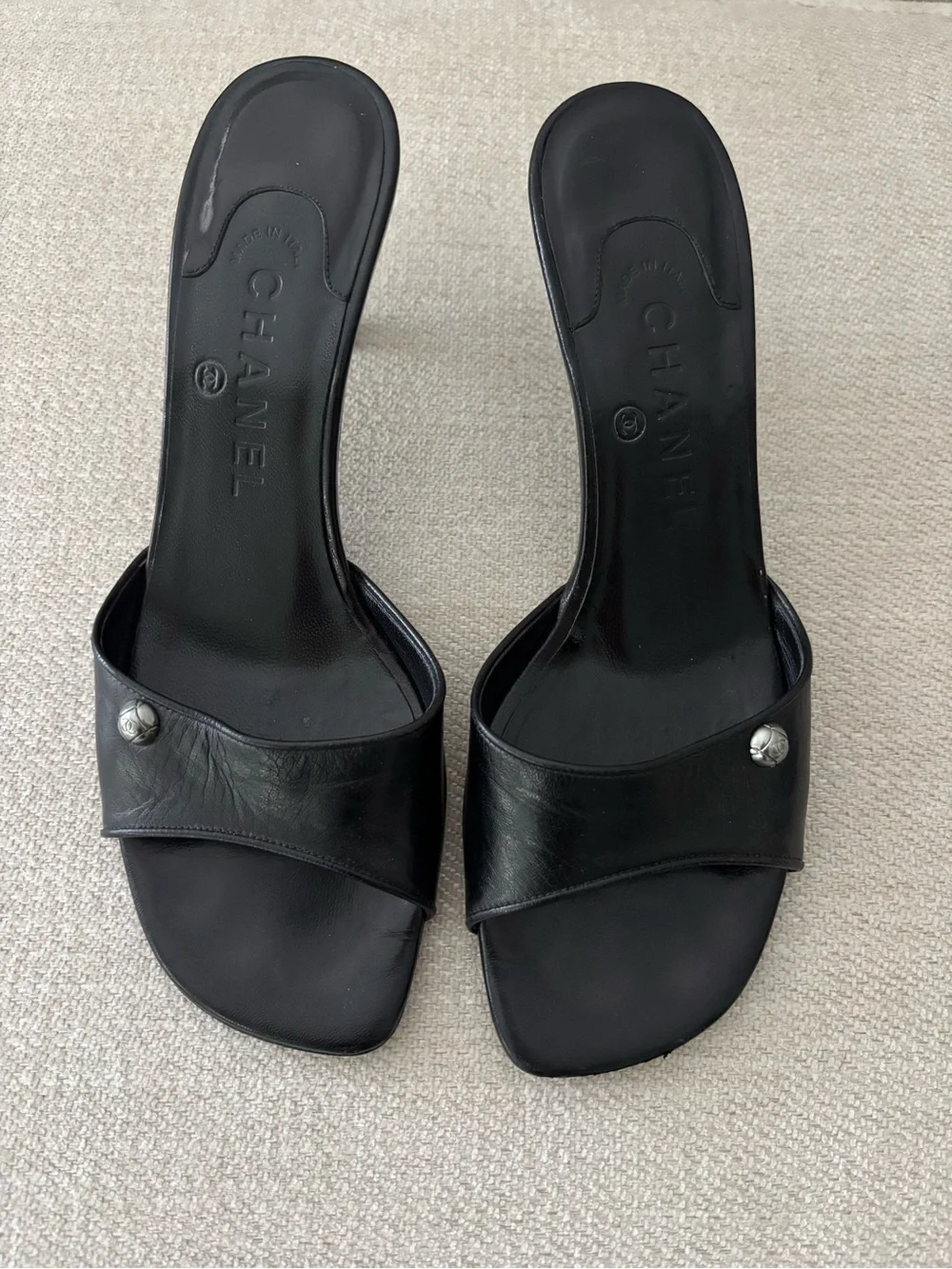 Chanel Black Camellia Mules